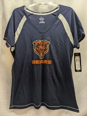 Chicago Bears Women's V Neck T Shirt, Glittered Bear Face,White  Stripes Sides